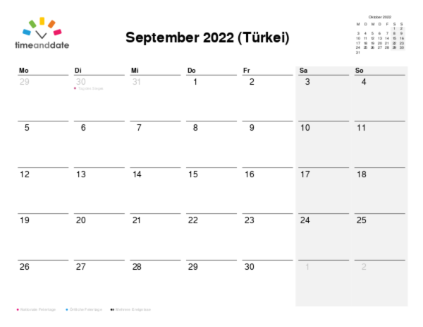 Kalender für 2022 in Türkei