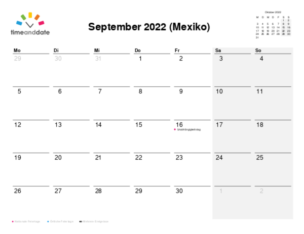 Kalender für 2022 in Mexiko