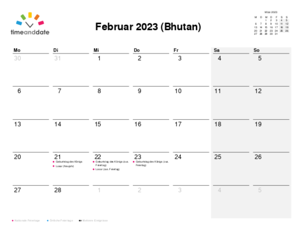 Kalender für 2023 in Bhutan