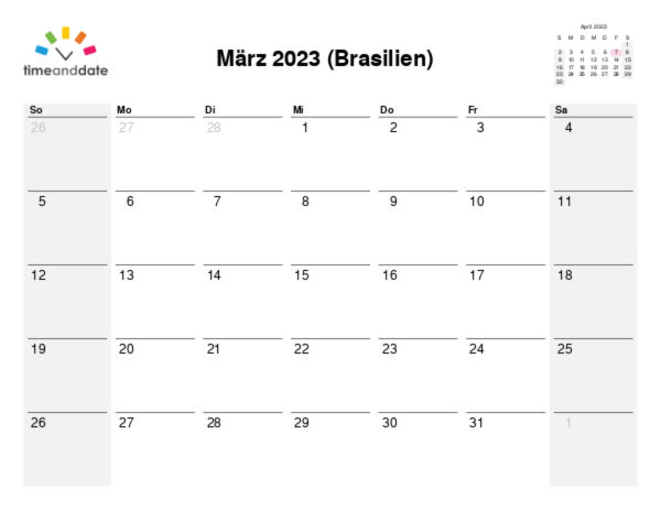 Kalender für 2023 in Brasilien