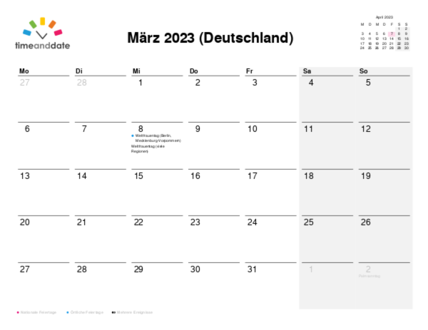 Kalender für 2023 in Deutschland