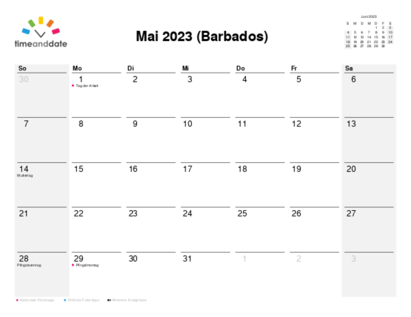 Kalender für 2023 in Barbados