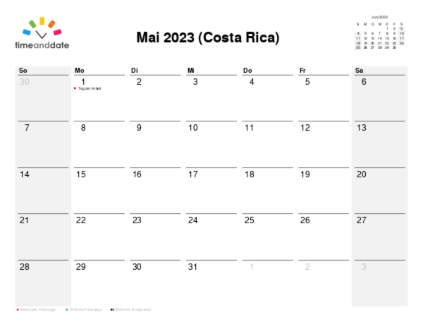 Kalender für 2023 in Costa Rica