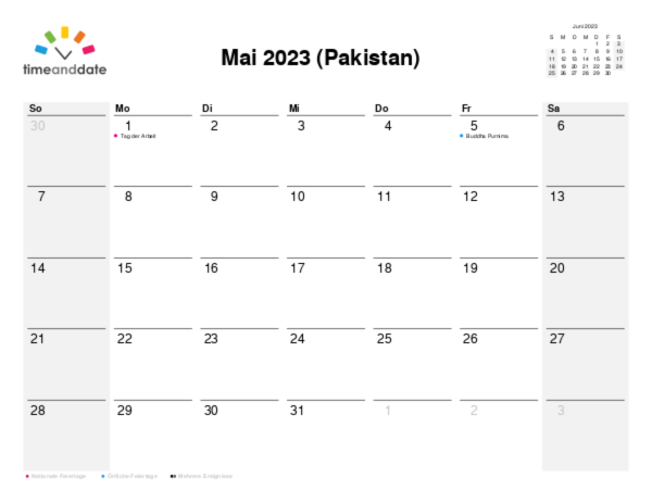 Kalender für 2023 in Pakistan
