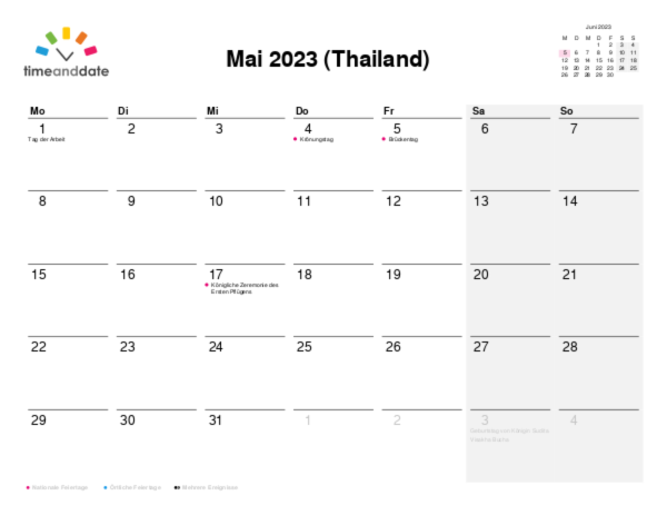 Kalender für 2023 in Thailand