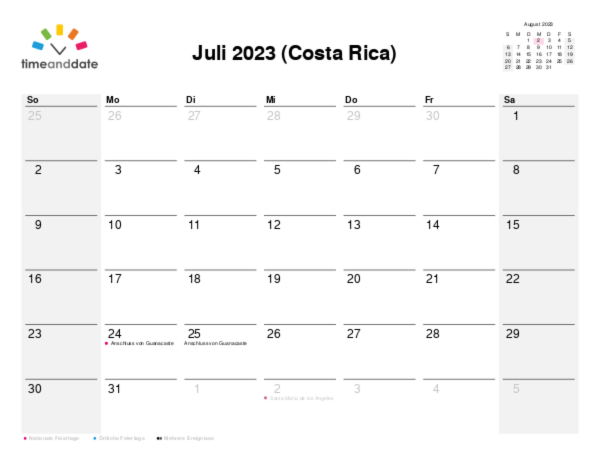 Kalender für 2023 in Costa Rica
