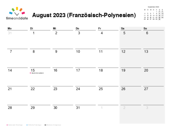 Kalender für 2023 in Französisch-Polynesien