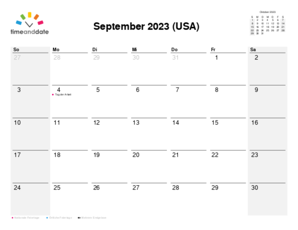 Kalender für 2023 in USA