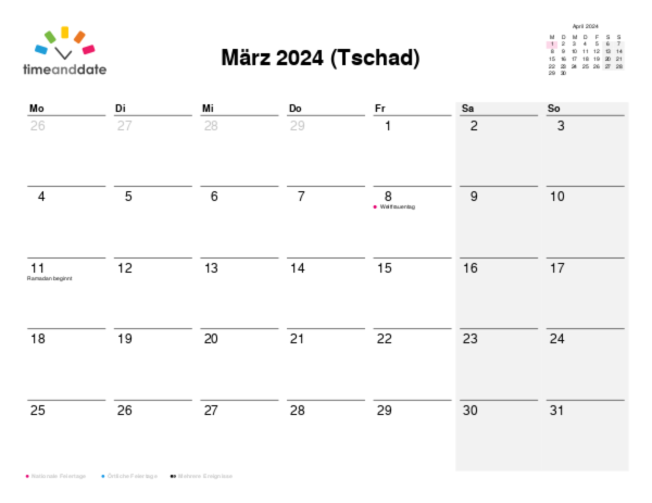 Kalender für 2024 in Tschad