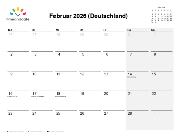 Kalender für 2026 in Deutschland