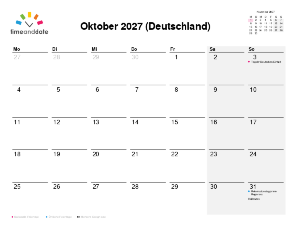 Kalender für 2027 in Deutschland
