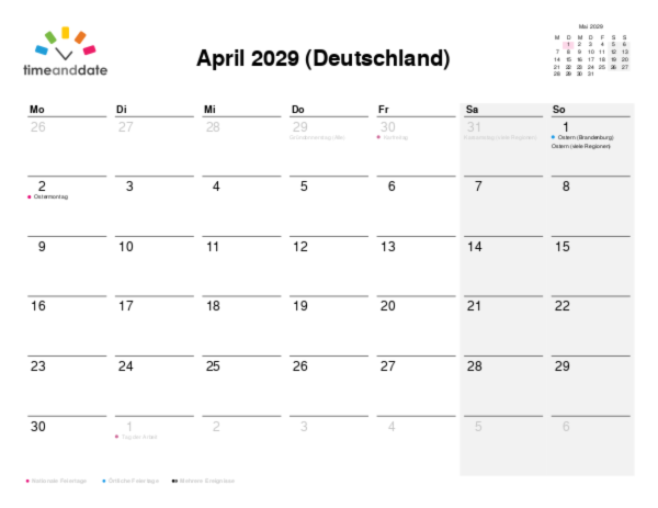 Kalender für 2029 in Deutschland