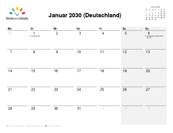 Kalender für 2030 in Deutschland