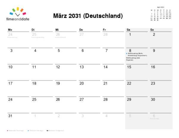 Kalender für 2031 in Deutschland