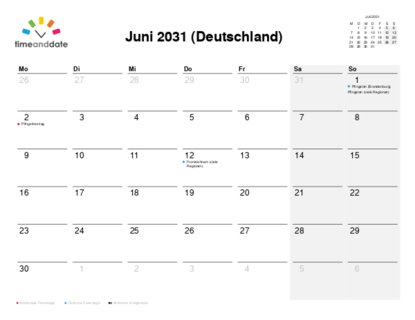 Kalender für 2031 in Deutschland
