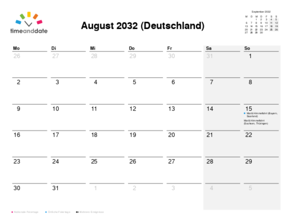 Kalender für 2032 in Deutschland