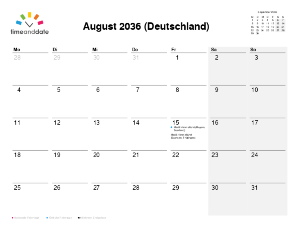 Kalender für 2036 in Deutschland