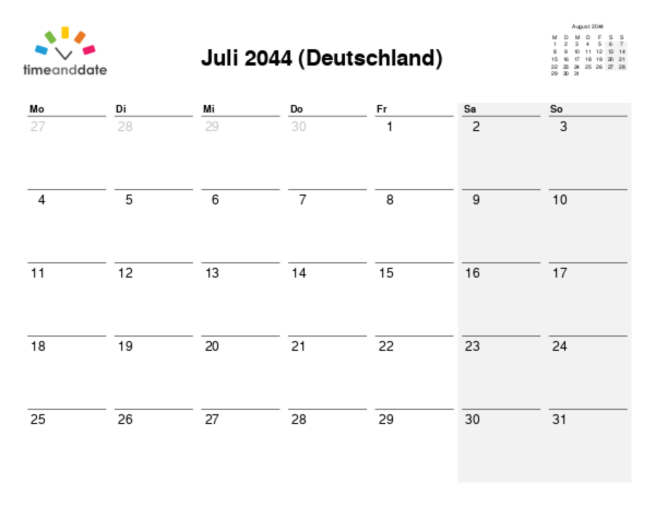 Kalender für 2044 in Deutschland