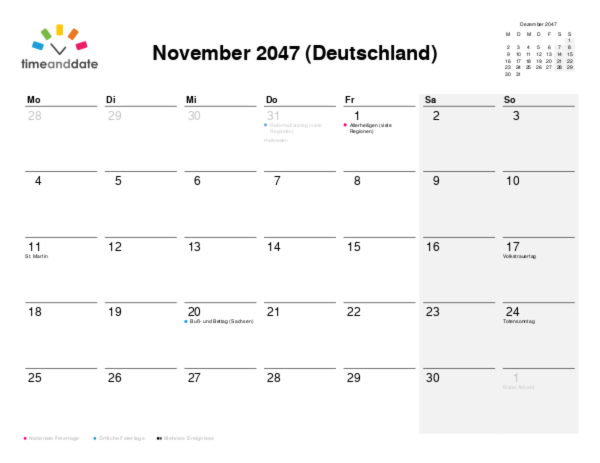 Kalender für 2047 in Deutschland