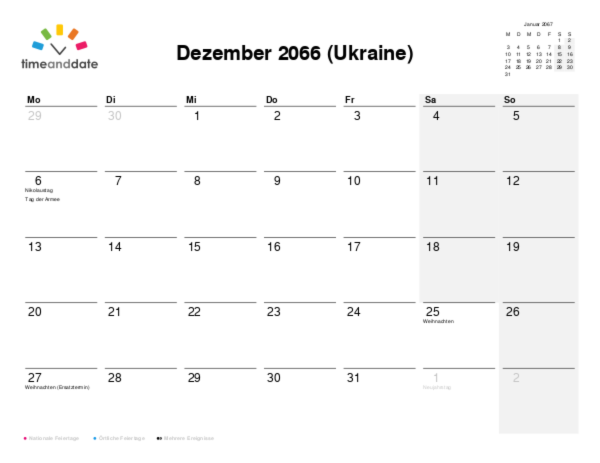 Kalender für 2066 in Ukraine