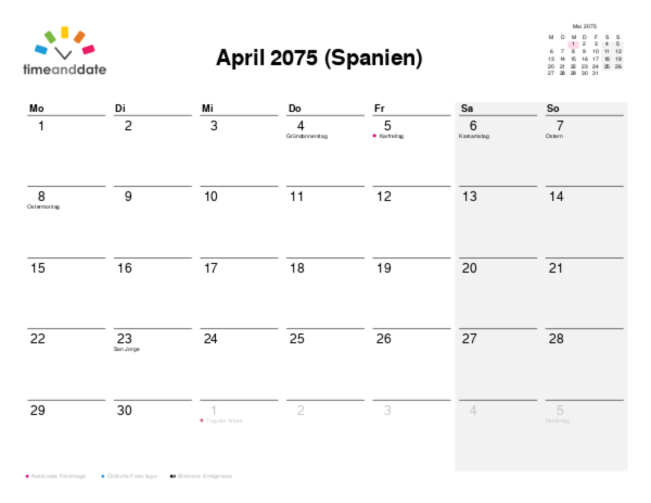 Kalender für 2075 in Spanien