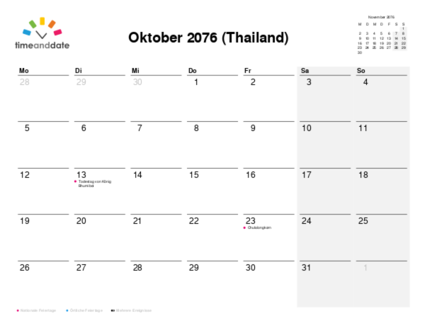 Kalender für 2076 in Thailand