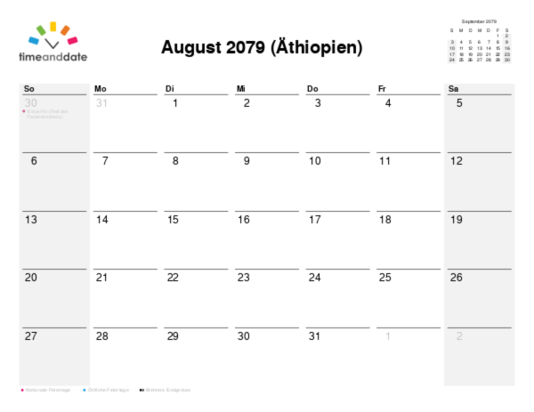 Kalender für 2079 in Äthiopien
