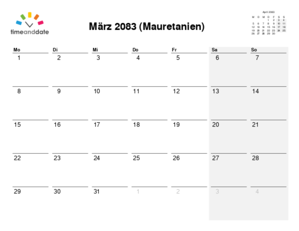 Kalender für 2083 in Mauretanien