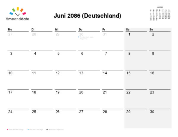 Kalender für 2086 in Deutschland