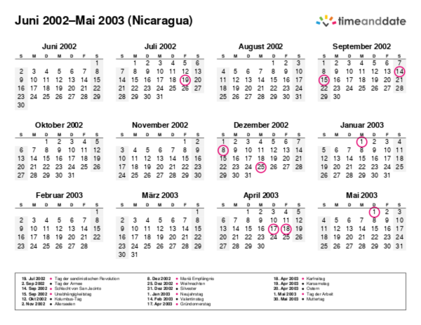 Kalender für 2002 in Nicaragua