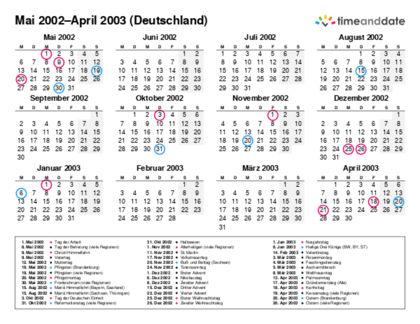 Kalender für 2002 in Deutschland