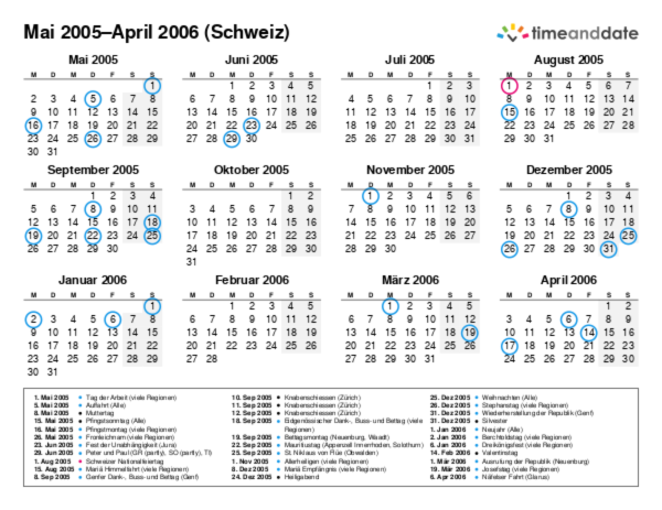 Kalender für 2005 in Schweiz