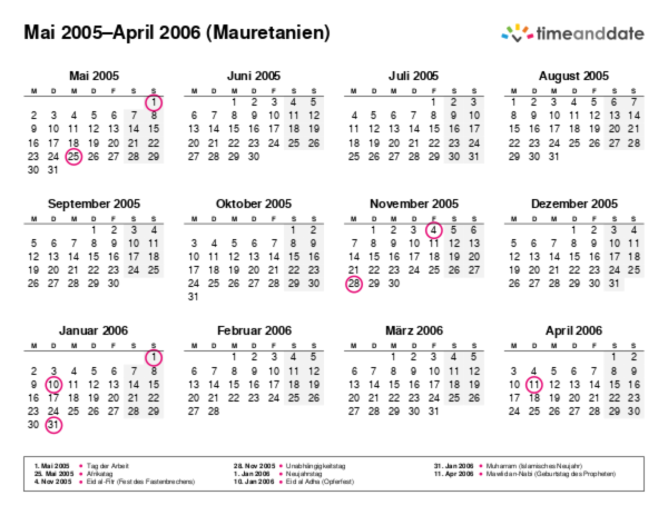 Kalender für 2005 in Mauretanien