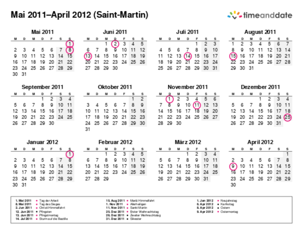 Kalender für 2011 in Saint-Martin