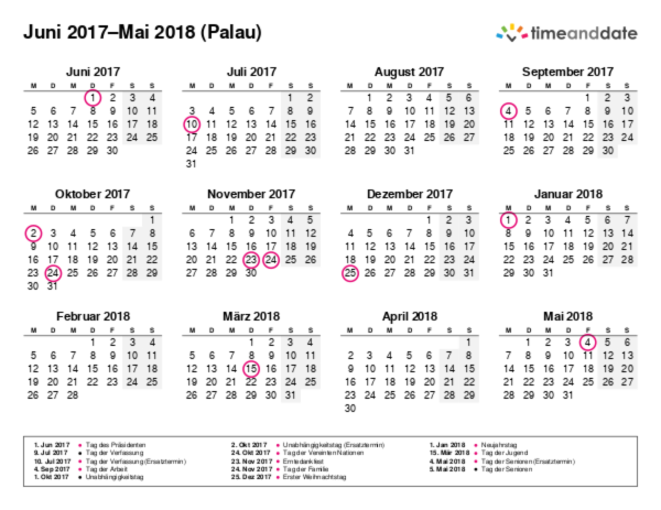 Kalender für 2017 in Palau