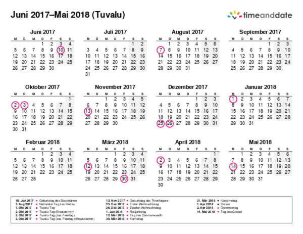 Kalender für 2017 in Tuvalu