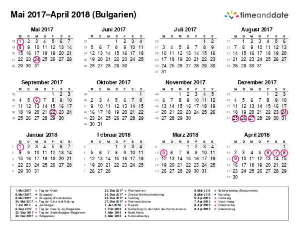 Kalender für 2017 in Bulgarien