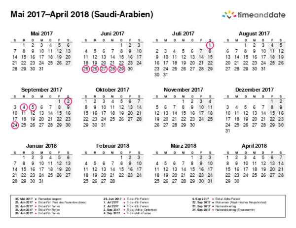 Kalender für 2017 in Saudi-Arabien