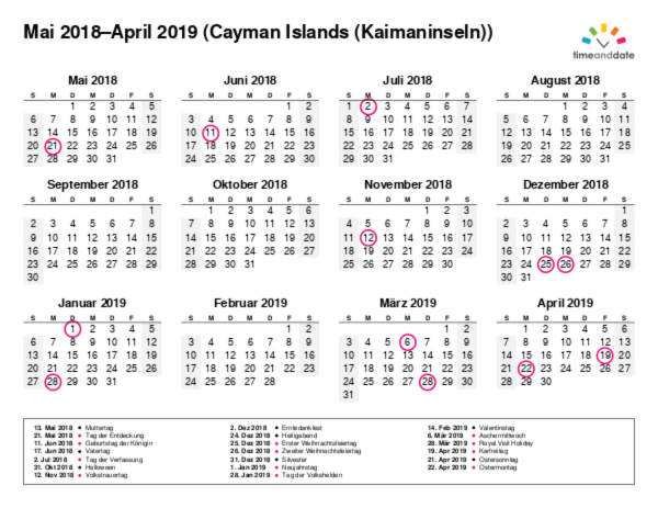 Kalender für 2018 in Cayman Islands (Kaimaninseln)