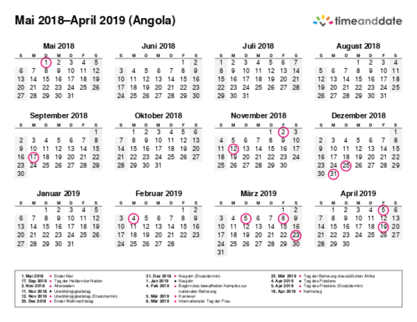 Kalender für 2018 in Angola