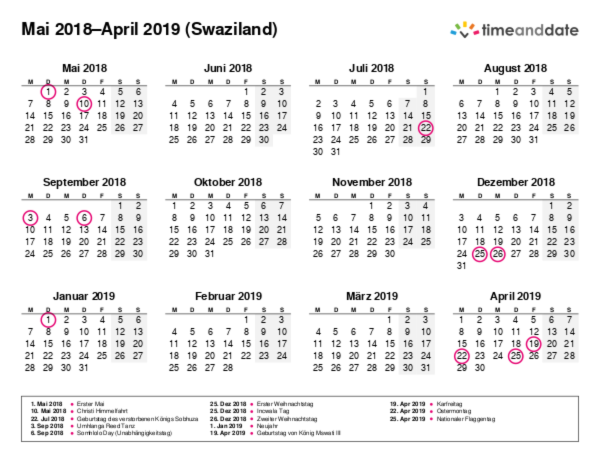Kalender für 2018 in Swaziland