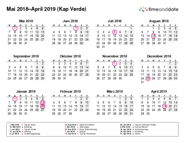 Kalender für 2018 in Kap Verde