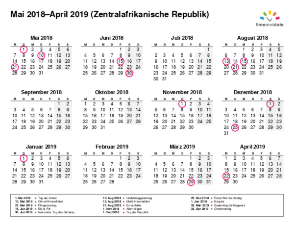 Kalender für 2018 in Zentralafrikanische Republik