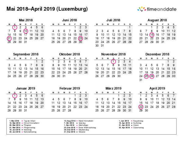 Kalender für 2018 in Luxemburg