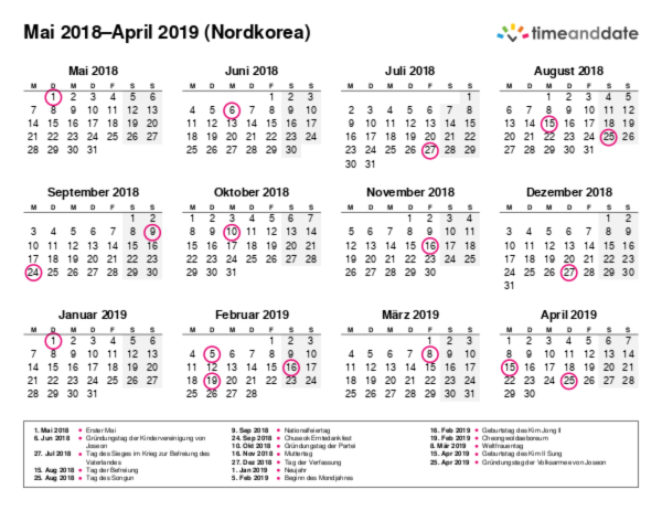 Kalender für 2018 in Nordkorea