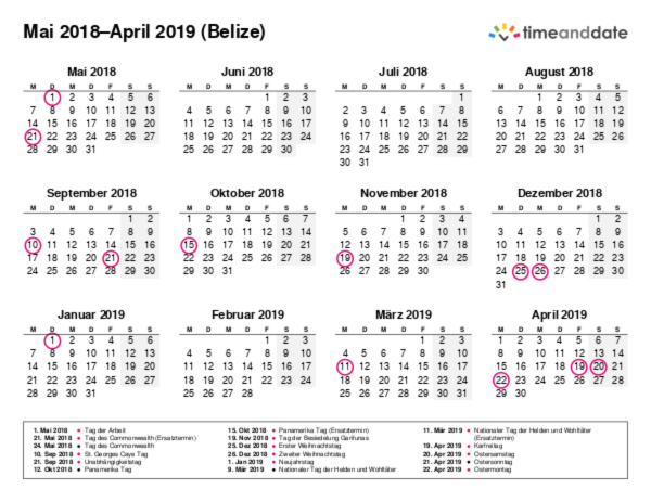 Kalender für 2018 in Belize