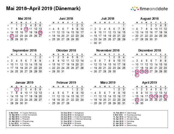 Kalender für 2018 in Dänemark