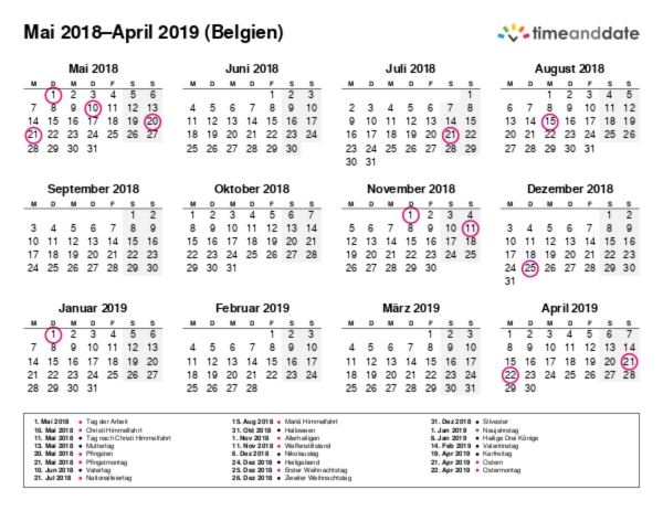 Kalender für 2018 in Belgien