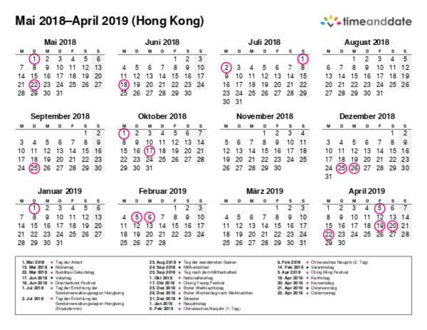 Kalender für 2018 in Hong Kong
