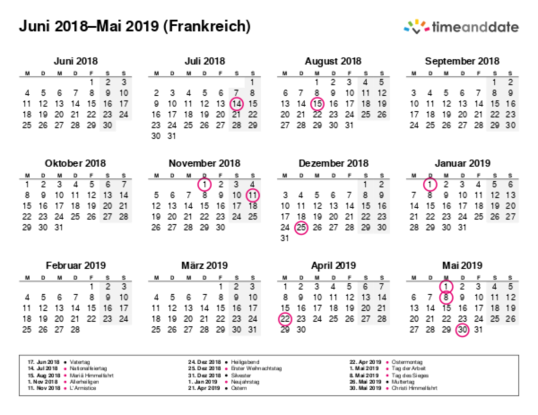 Kalender für 2018 in Frankreich